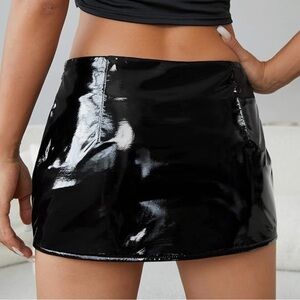 Black vinyl patent leather mini skirt low waist garter belt lingerie goth club